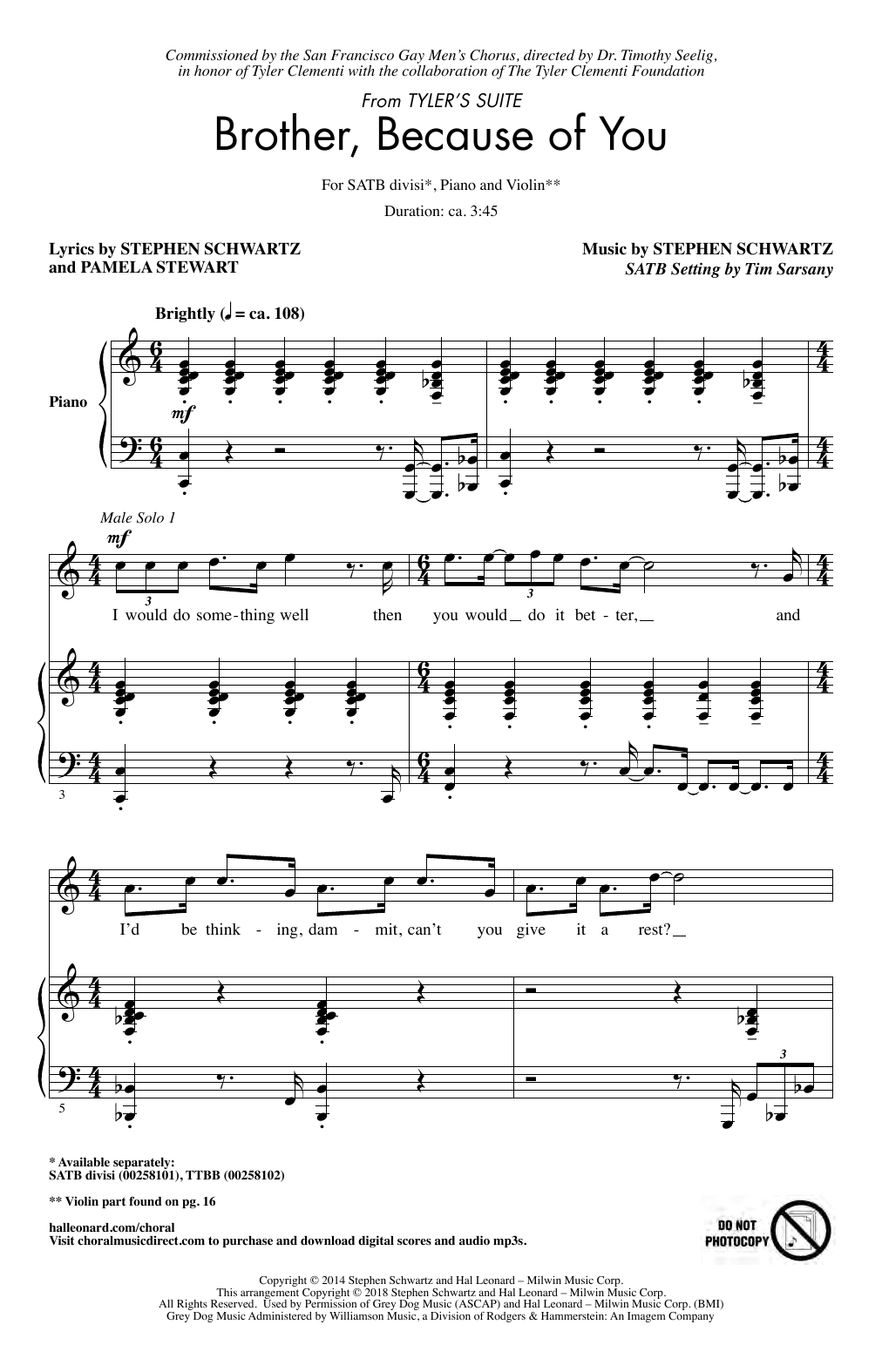 Download Stephen Schwartz Brother, Because Of You (from Tyler's Suite) (Arr. Sarsony) Sheet Music and learn how to play Choir PDF digital score in minutes