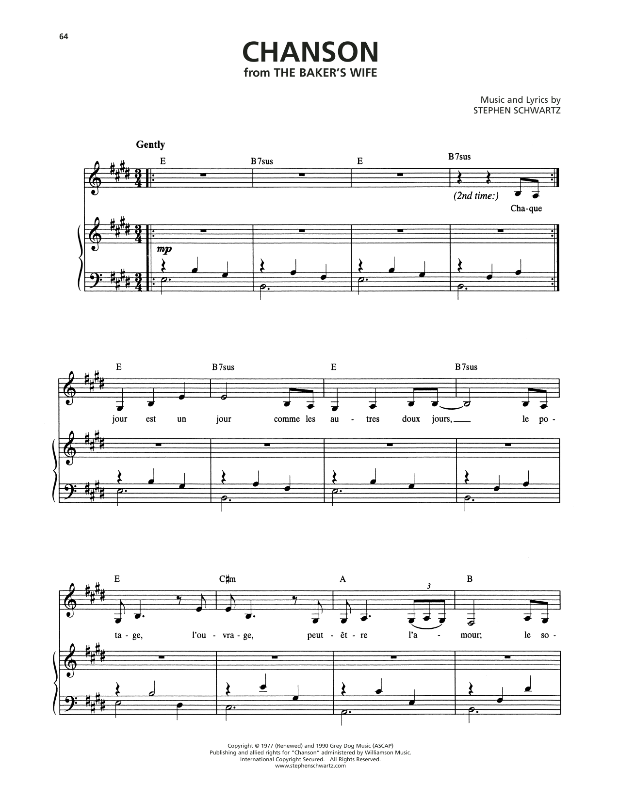 Download Stephen Schwartz Chanson (from The Baker's Wife) Sheet Music and learn how to play Piano & Vocal PDF digital score in minutes