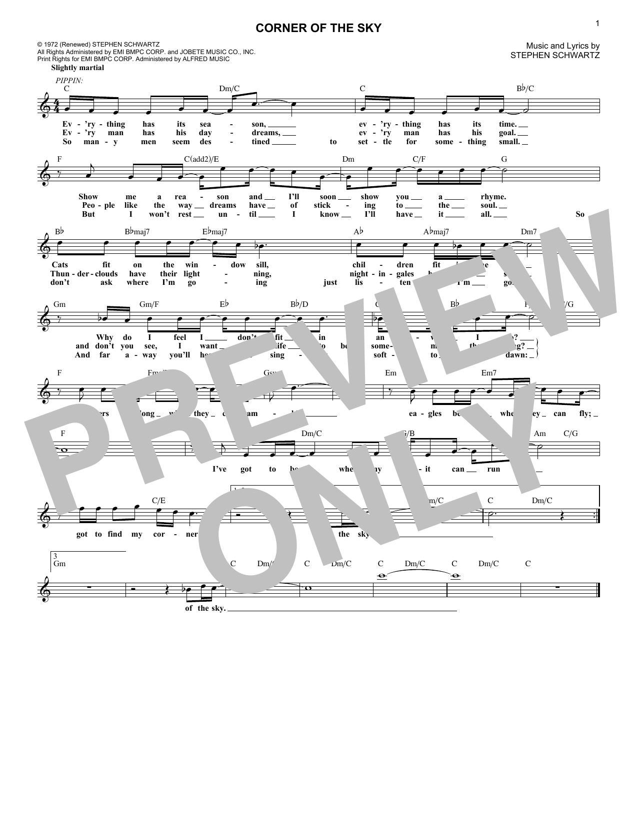 Download Stephen Schwartz Corner Of The Sky Sheet Music and learn how to play Melody Line, Lyrics & Chords PDF digital score in minutes