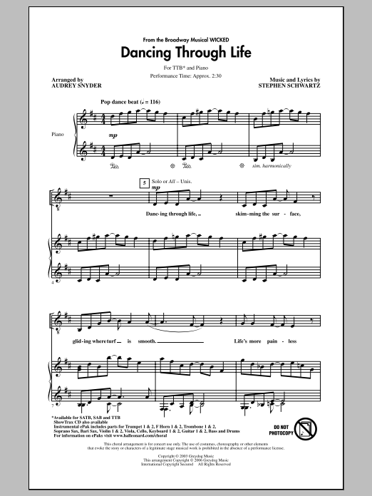 Download Stephen Schwartz Dancing Through Life (arr. Audrey Snyder) Sheet Music and learn how to play TTBB PDF digital score in minutes