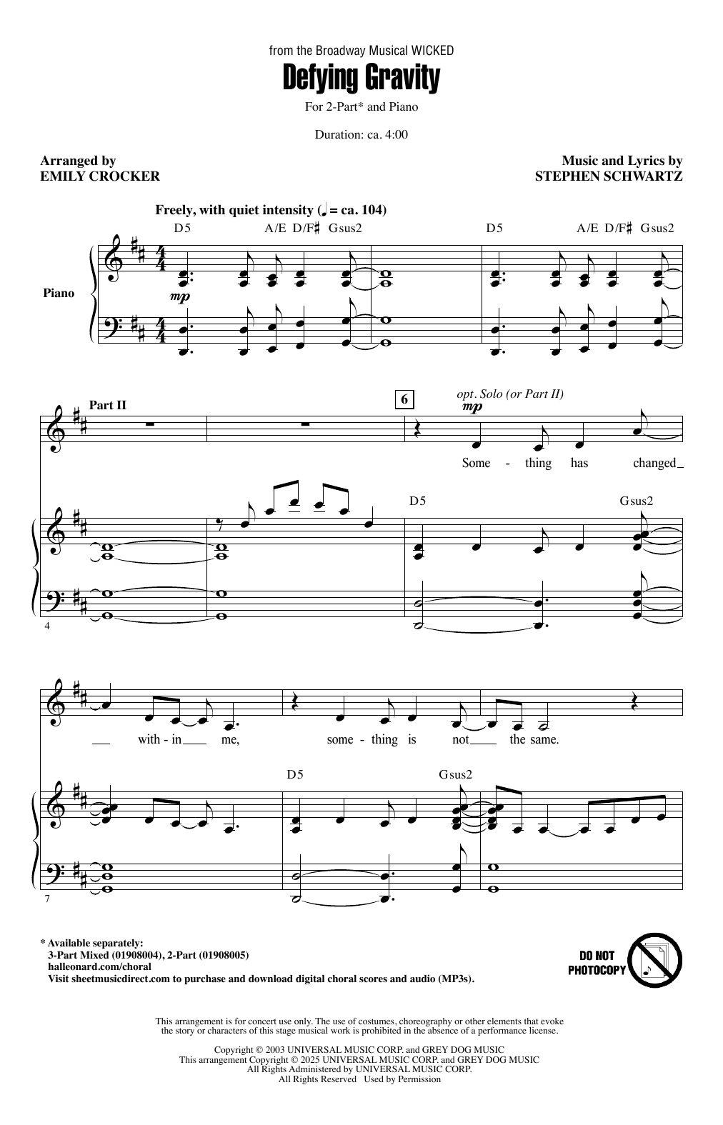Download Stephen Schwartz Defying Gravity (from Wicked) (arr. Emily Crocker) Sheet Music and learn how to play 3-Part Mixed Choir PDF digital score in minutes