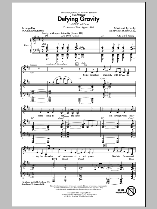 Download Stephen Schwartz Defying Gravity (from Wicked) (arr. Roger Emerson) Sheet Music and learn how to play SSA Choir PDF digital score in minutes