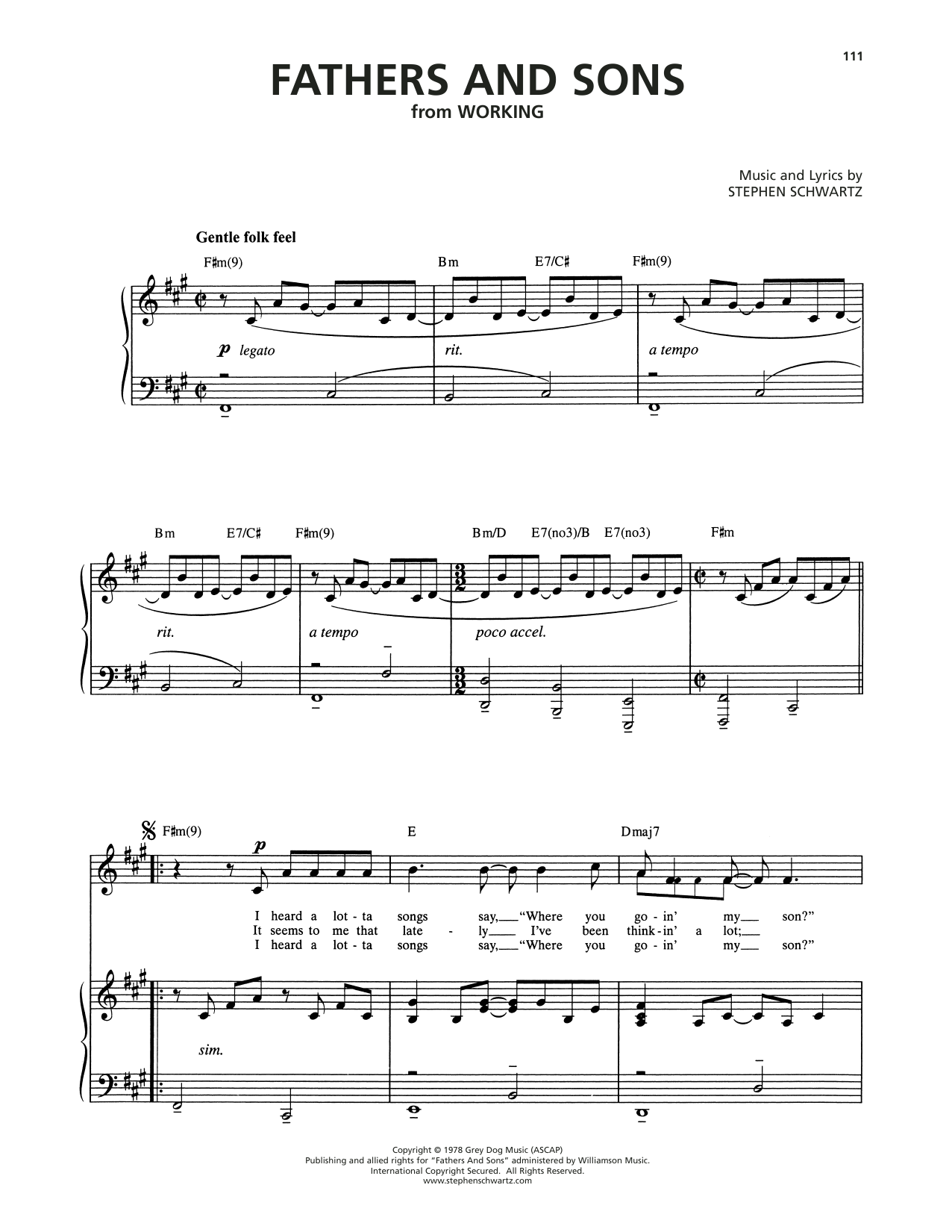 Download Stephen Schwartz Fathers And Sons (from Working) Sheet Music and learn how to play Piano & Vocal PDF digital score in minutes