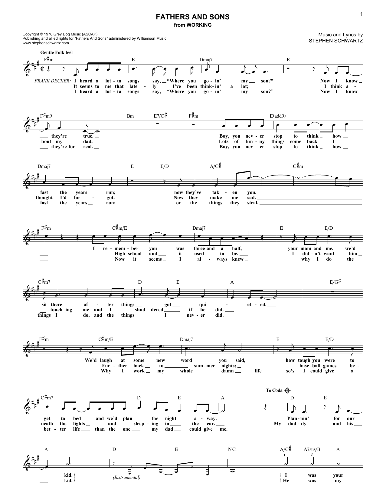 Download Stephen Schwartz Fathers And Sons Sheet Music and learn how to play Melody Line, Lyrics & Chords PDF digital score in minutes