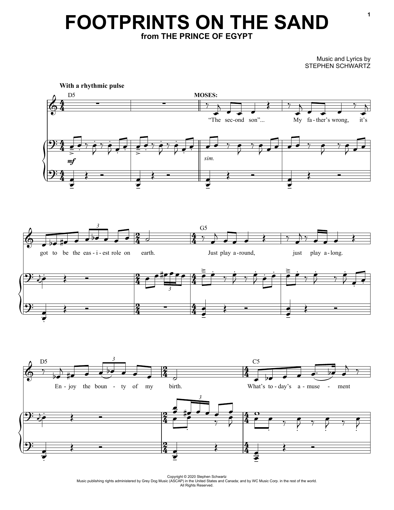 Download Stephen Schwartz Footprints On The Sand (from The Prince Of Egypt: A New Musical) Sheet Music and learn how to play Piano & Vocal PDF digital score in minutes