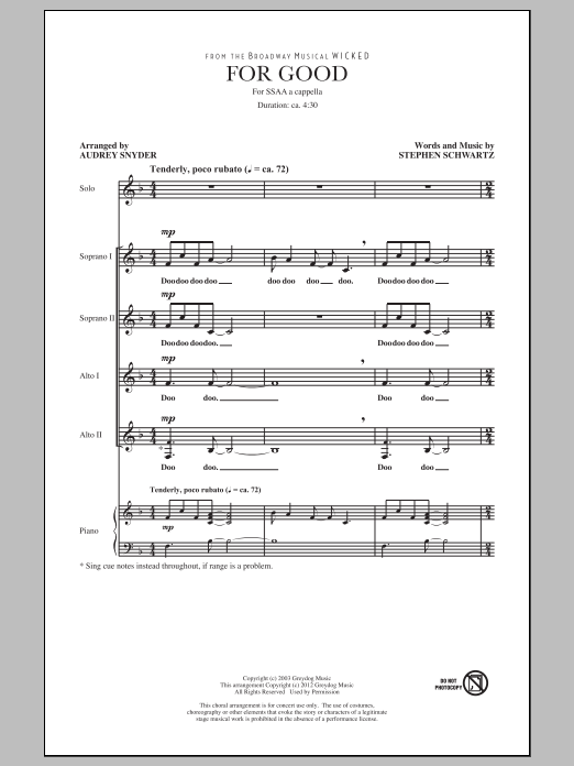 Download Audrey Snyder For Good Sheet Music and learn how to play SSA PDF digital score in minutes