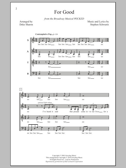 Download Stephen Schwartz For Good (from Wicked) (arr. Deke Sharon) Sheet Music and learn how to play SATB PDF digital score in minutes