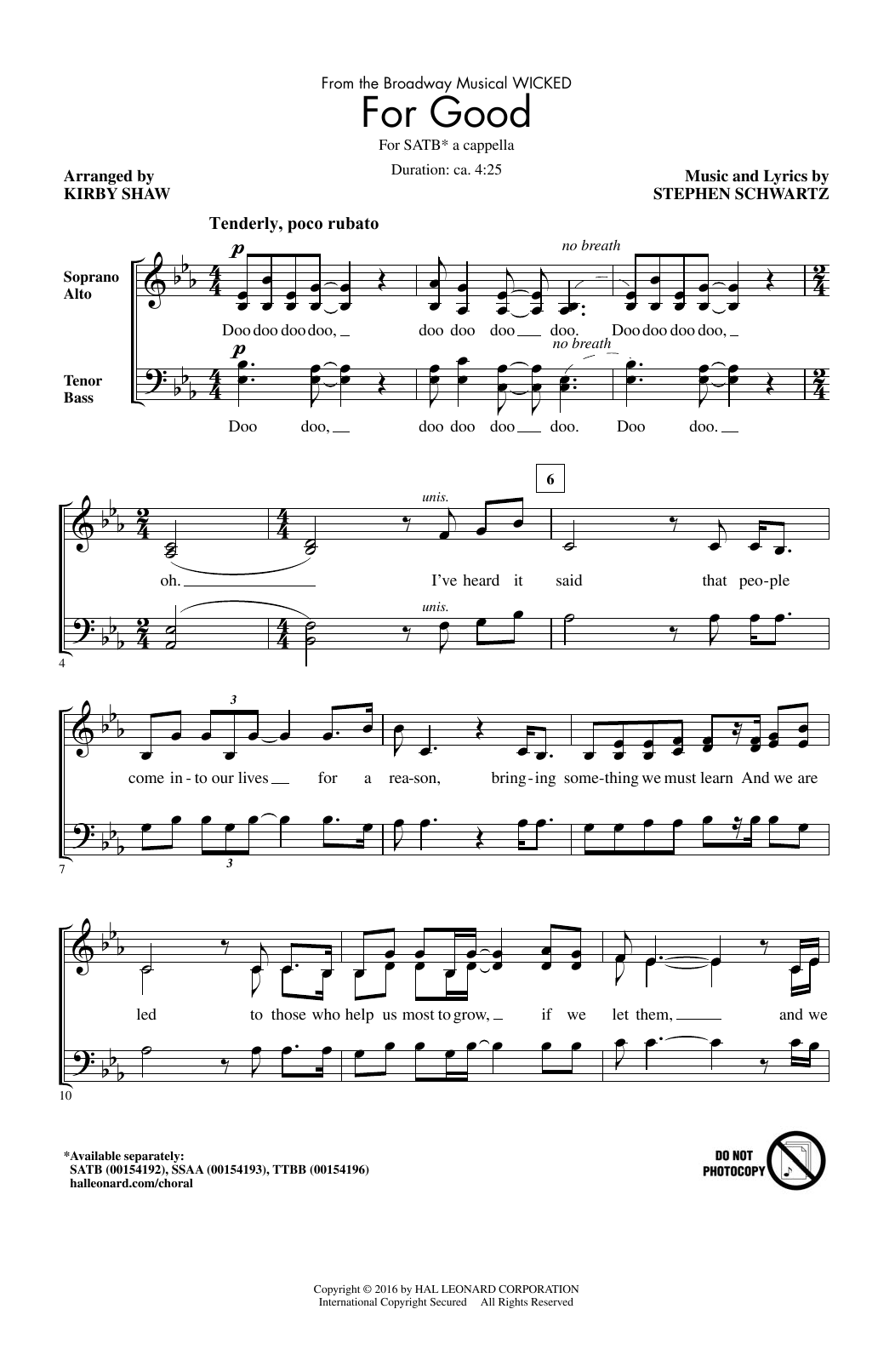 Download Kirby Shaw For Good Sheet Music and learn how to play TTBB PDF digital score in minutes