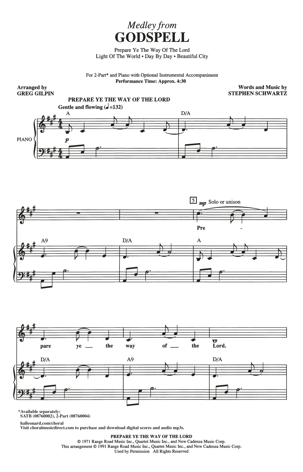 Download Stephen Schwartz Godspell Medley (arr. Greg Gilpin) Sheet Music and learn how to play 2-Part Choir PDF digital score in minutes