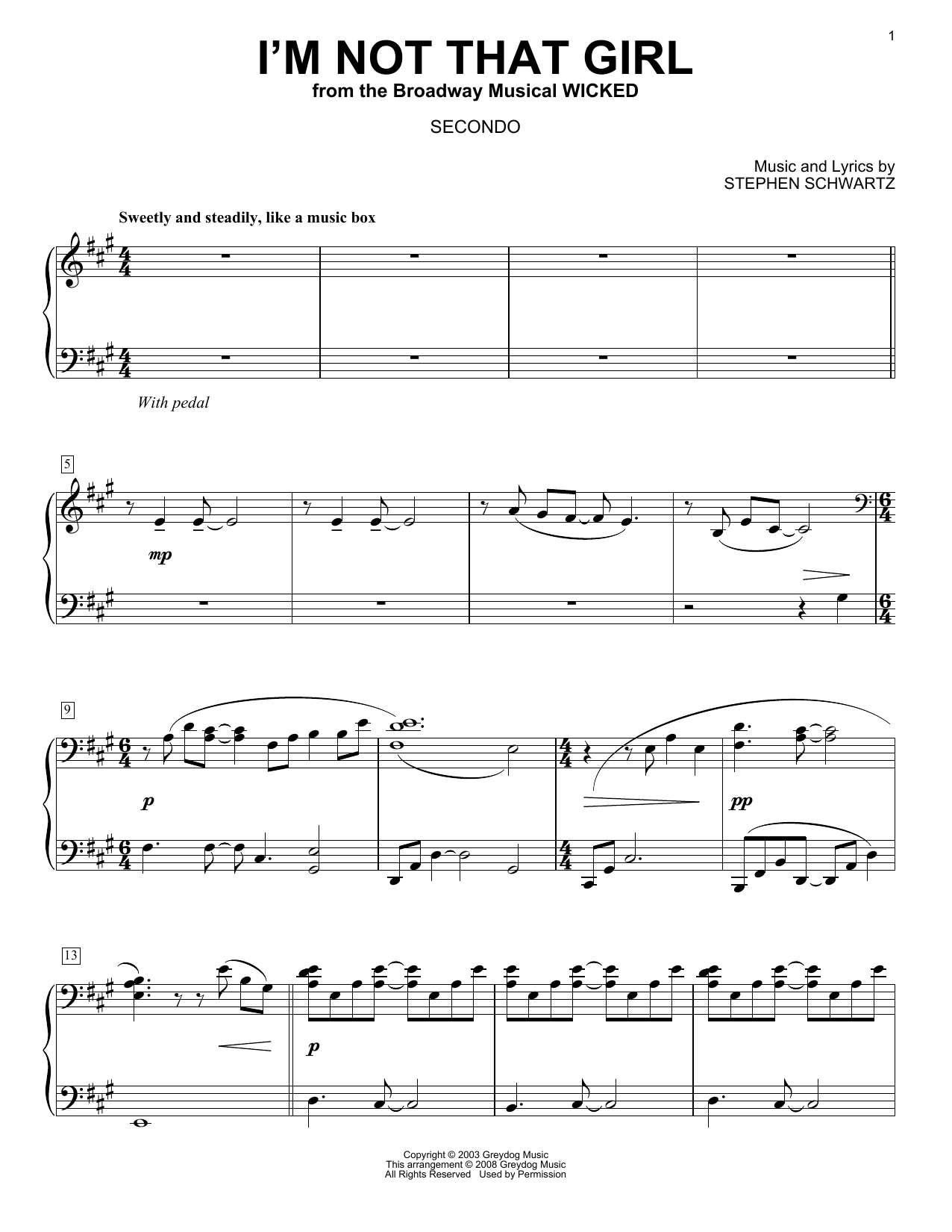 Download Stephen Schwartz I'm Not That Girl (from Wicked) (arr. Carol Klose) Sheet Music and learn how to play Piano Duet PDF digital score in minutes