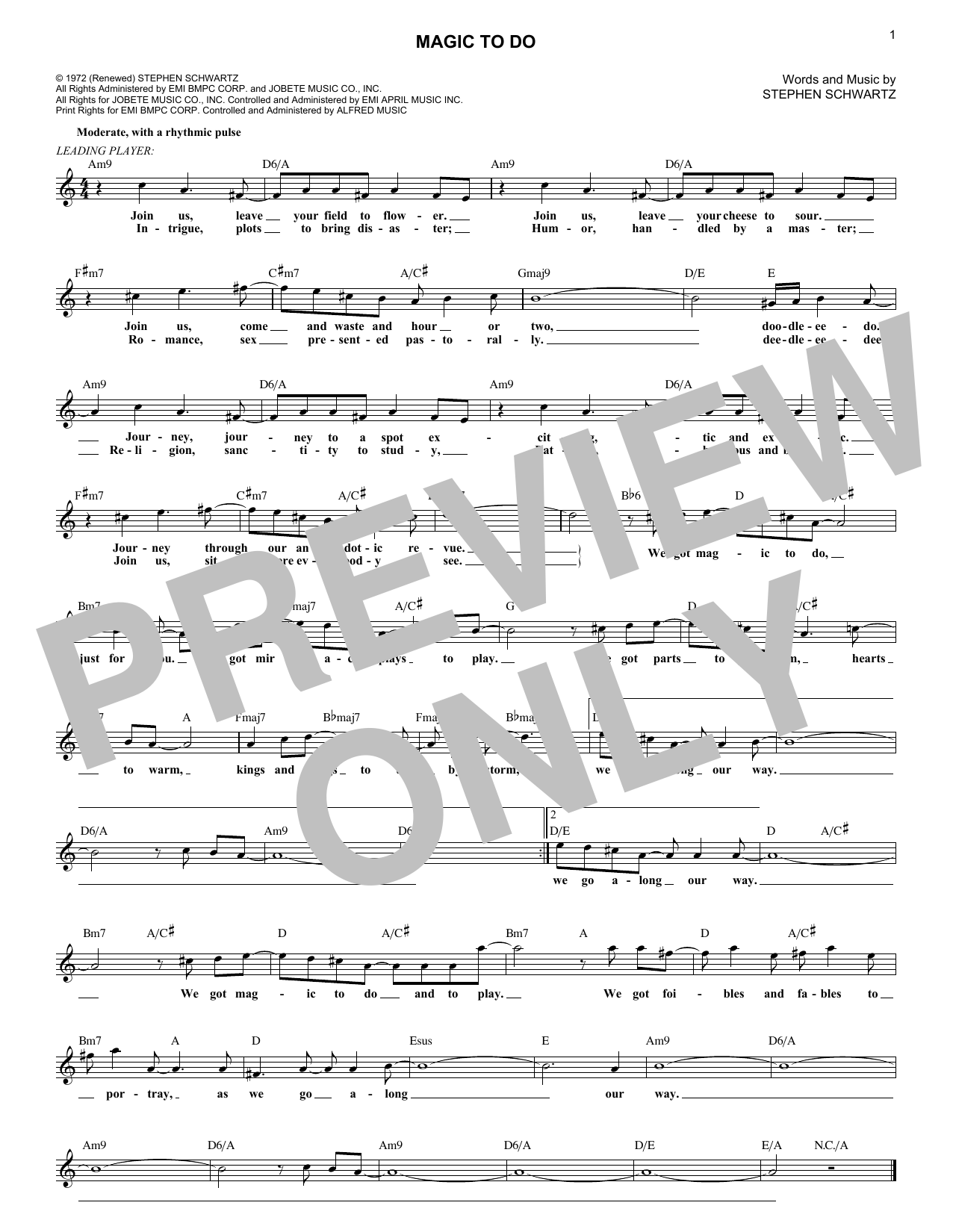 Download Stephen Schwartz Magic To Do Sheet Music and learn how to play Melody Line, Lyrics & Chords PDF digital score in minutes