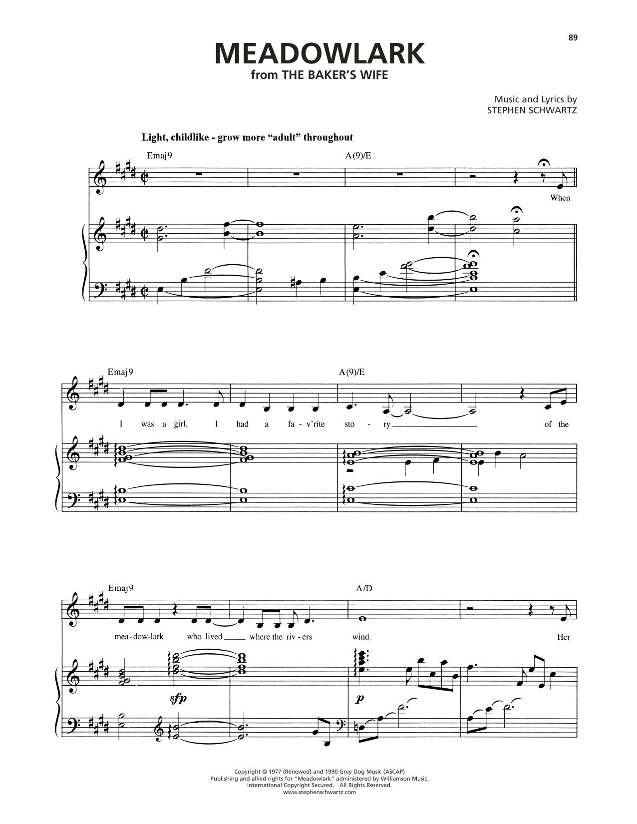 Download Stephen Schwartz Meadowlark (from The Baker's Wife) Sheet Music and learn how to play Piano & Vocal PDF digital score in minutes