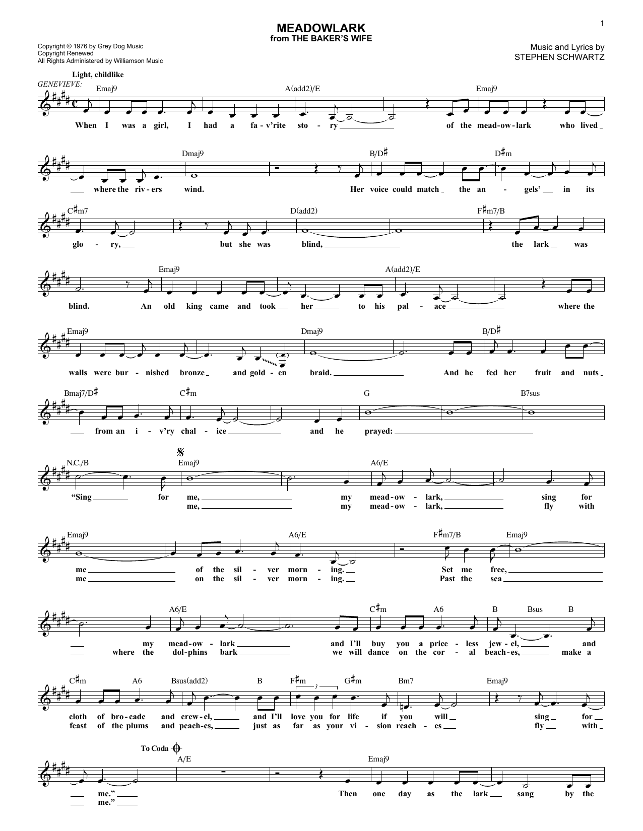 Download Stephen Schwartz Meadowlark Sheet Music and learn how to play Melody Line, Lyrics & Chords PDF digital score in minutes