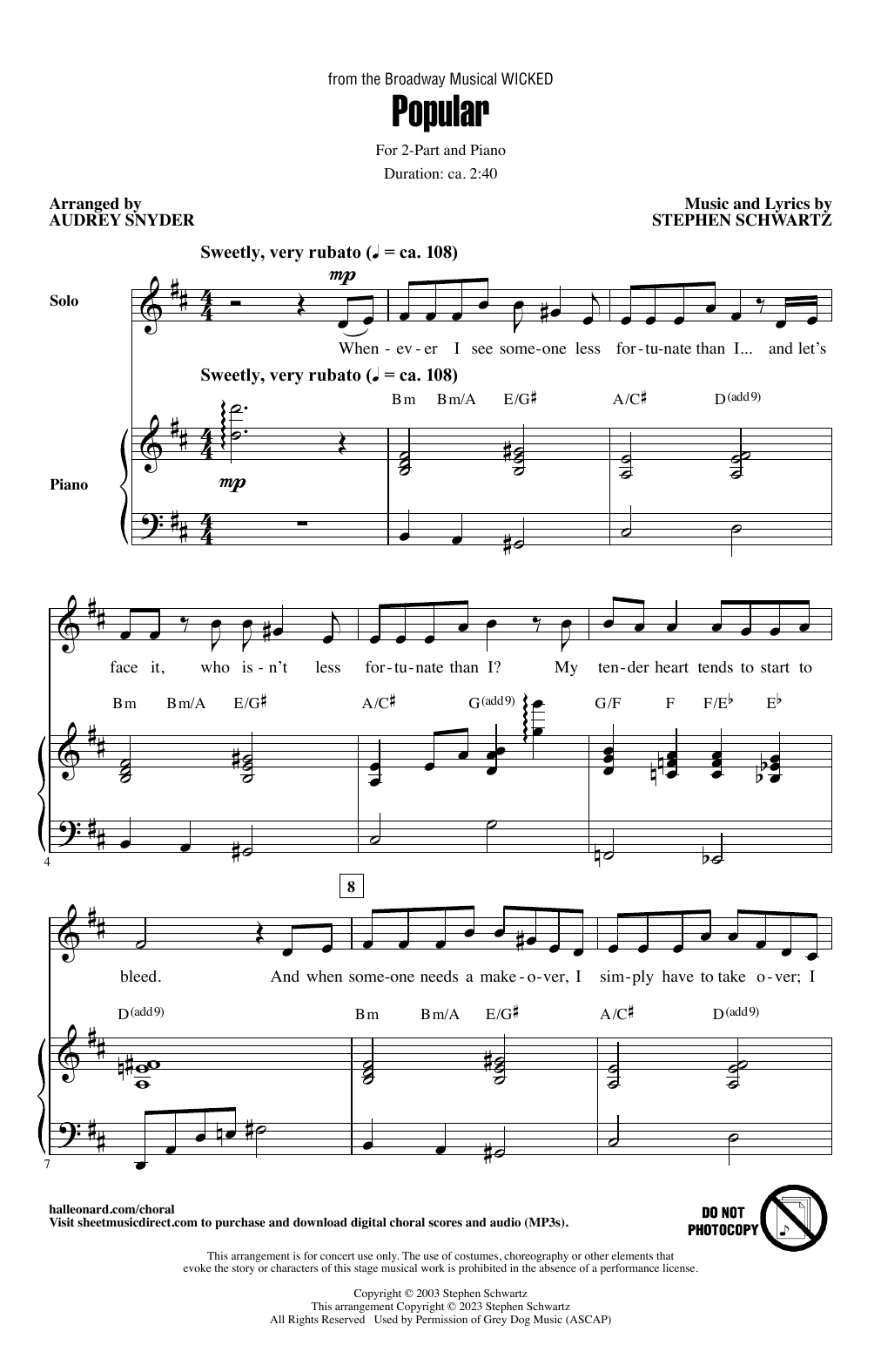 Download Stephen Schwartz Popular (from Wicked) (arr. Audrey Snyder) Sheet Music and learn how to play 2-Part Choir PDF digital score in minutes