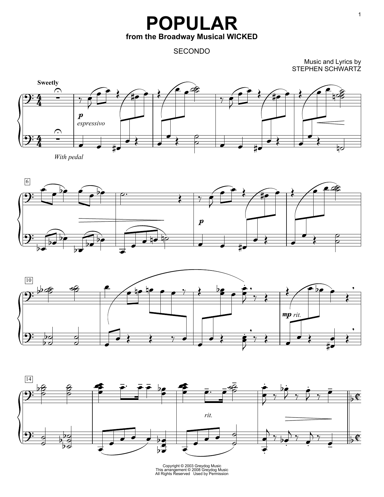 Download Stephen Schwartz Popular (from Wicked) (arr. Carol Klose) Sheet Music and learn how to play Piano Duet PDF digital score in minutes