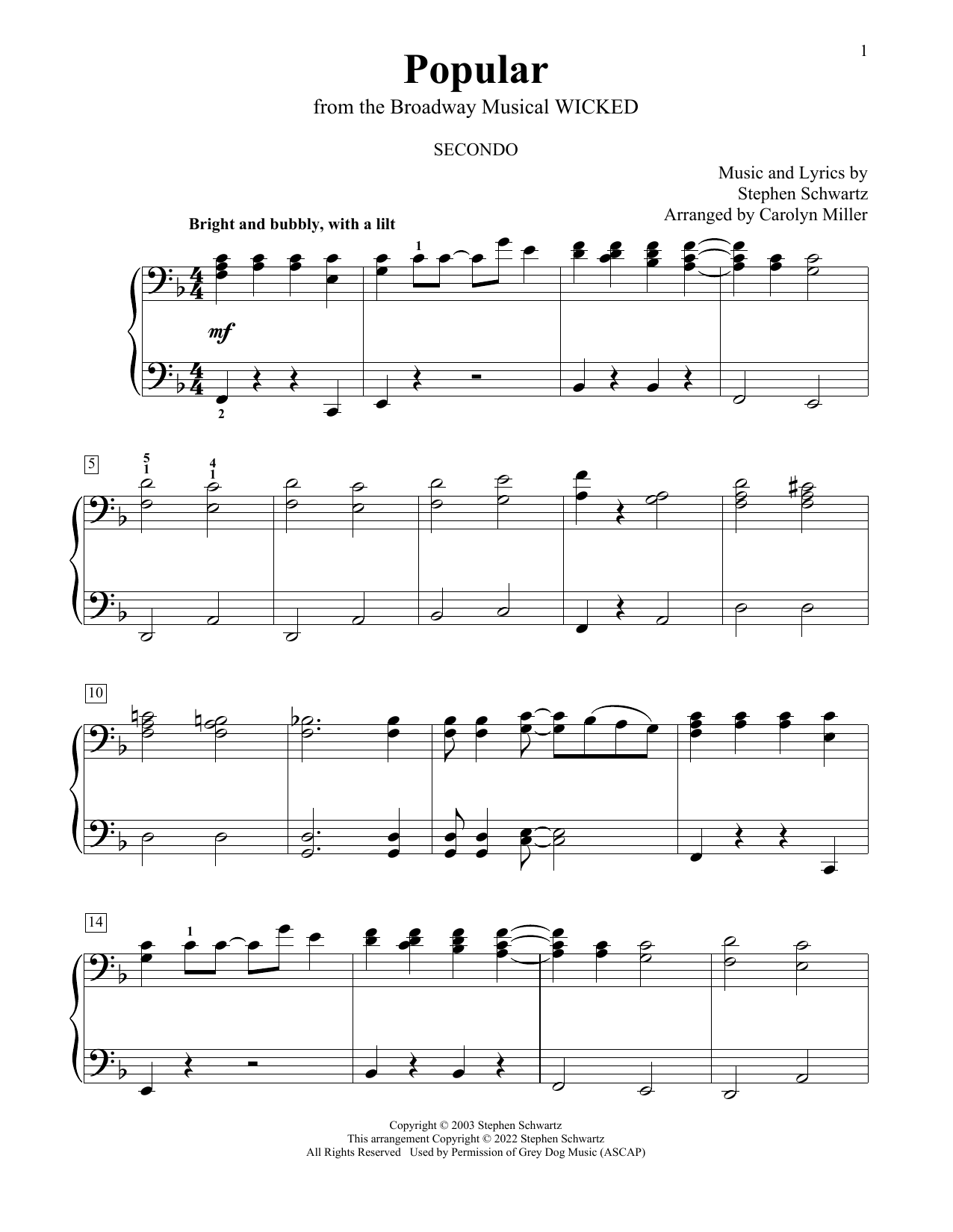 Download Stephen Schwartz Popular (from Wicked) (arr. Carolyn Miller) Sheet Music and learn how to play Piano Duet PDF digital score in minutes