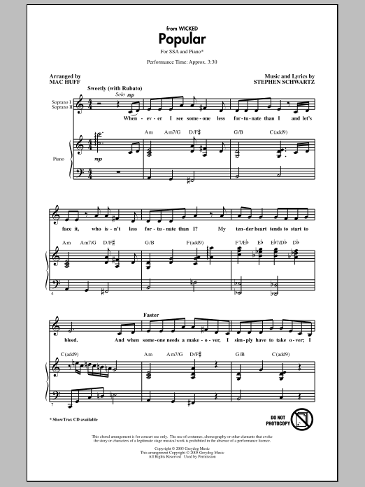 Download Stephen Schwartz Popular (from Wicked) (arr. Mac Huff) Sheet Music and learn how to play SSA Choir PDF digital score in minutes