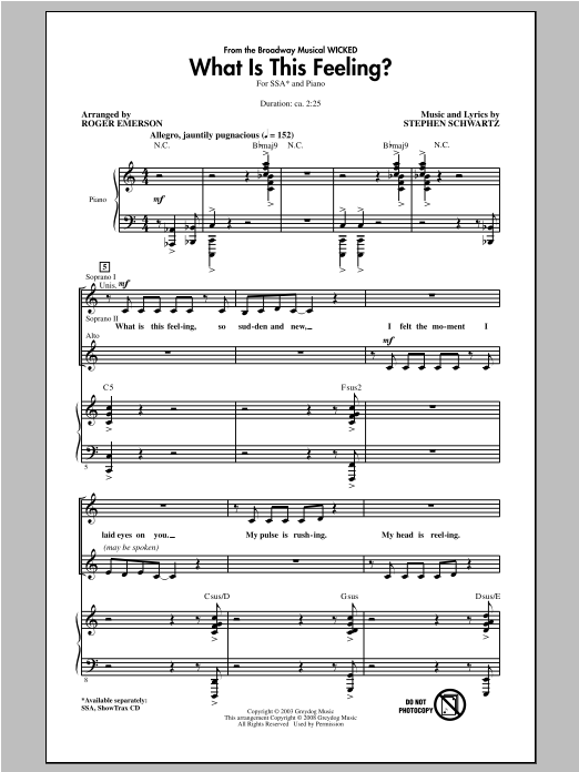 Download Stephen Schwartz What Is This Feeling? (from Wicked) (arr. Roger Emerson) Sheet Music and learn how to play SSA PDF digital score in minutes