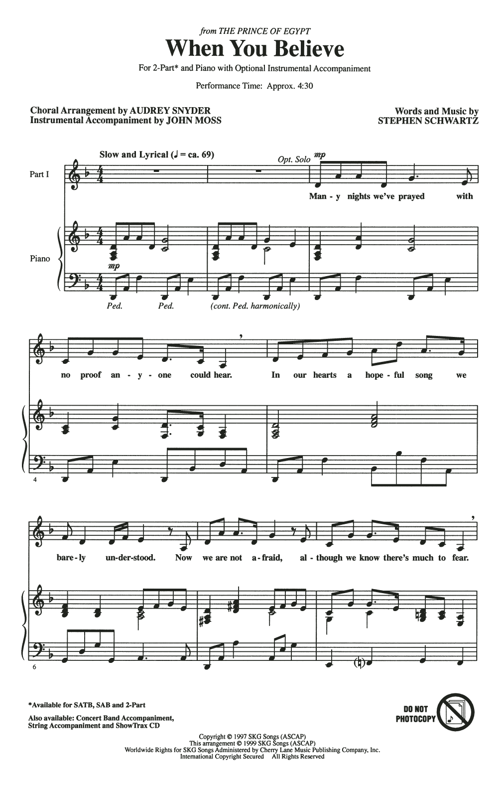 Download Stephen Schwartz When You Believe (from The Prince Of Egypt) (arr. Audrey Snyder) Sheet Music and learn how to play 2-Part Choir PDF digital score in minutes