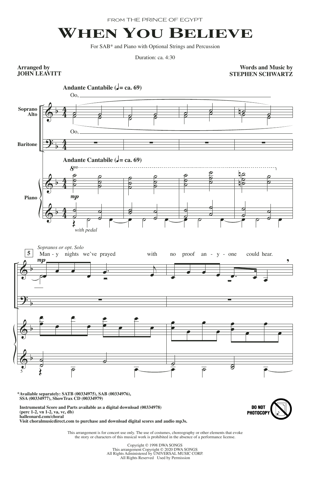 Download Stephen Schwartz When You Believe (from The Prince Of Egypt) (arr. John Leavitt) Sheet Music and learn how to play SSA Choir PDF digital score in minutes