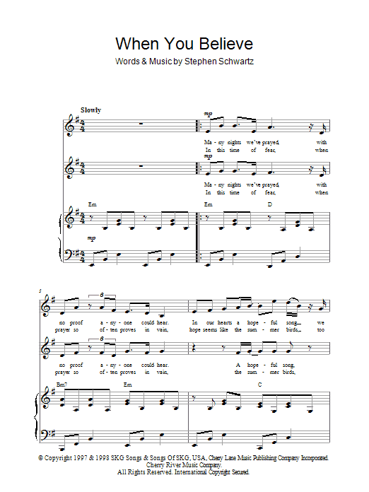 Download Mariah Carey and Whitney Houston When You Believe (from The Prince Of Egypt) Sheet Music and learn how to play 2-Part Choir PDF digital score in minutes