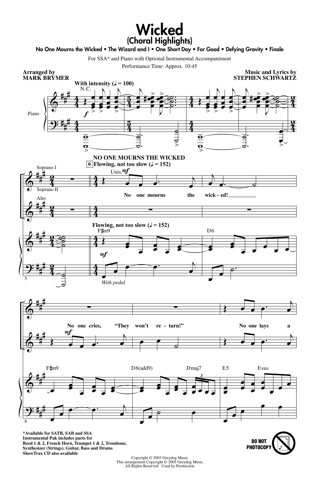 Download Stephen Schwartz Wicked (Choral Highlights) (arr. Mark Brymer) Sheet Music and learn how to play SAB Choir PDF digital score in minutes