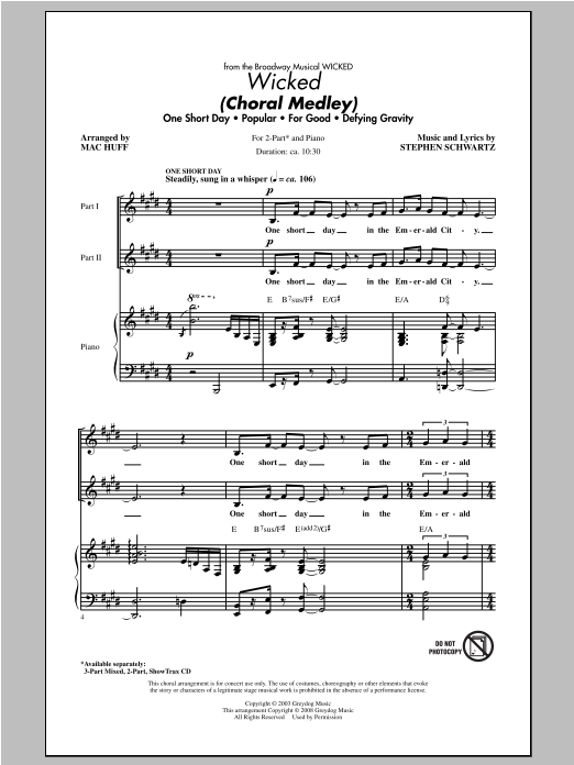 Download Stephen Schwartz Wicked (Choral Medley) (arr. Mac Huff) Sheet Music and learn how to play 3-Part Mixed PDF digital score in minutes