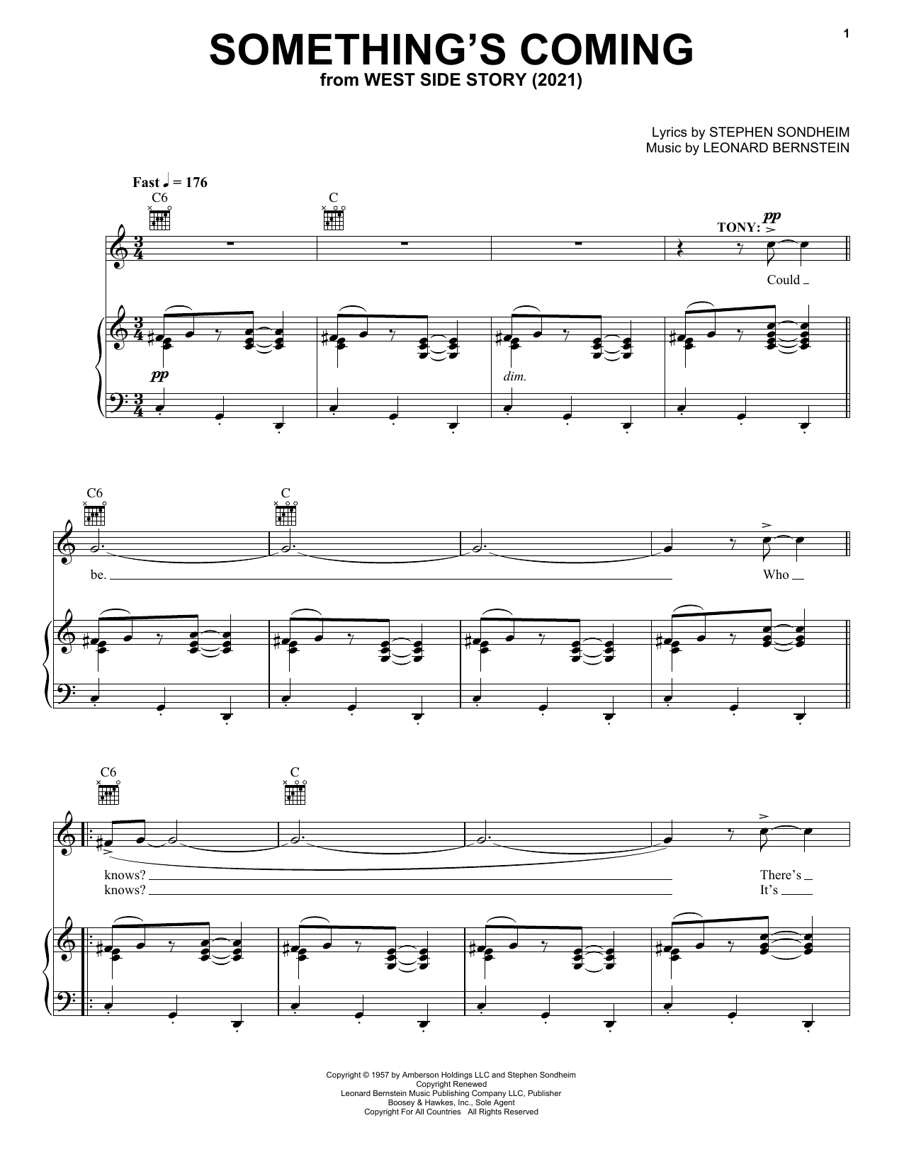 Download Stephen Sondheim & Leonard Bernstein Something's Coming (from West Side Story 2021) Sheet Music and learn how to play Piano, Vocal & Guitar Chords (Right-Hand Melody) PDF digital score in minutes