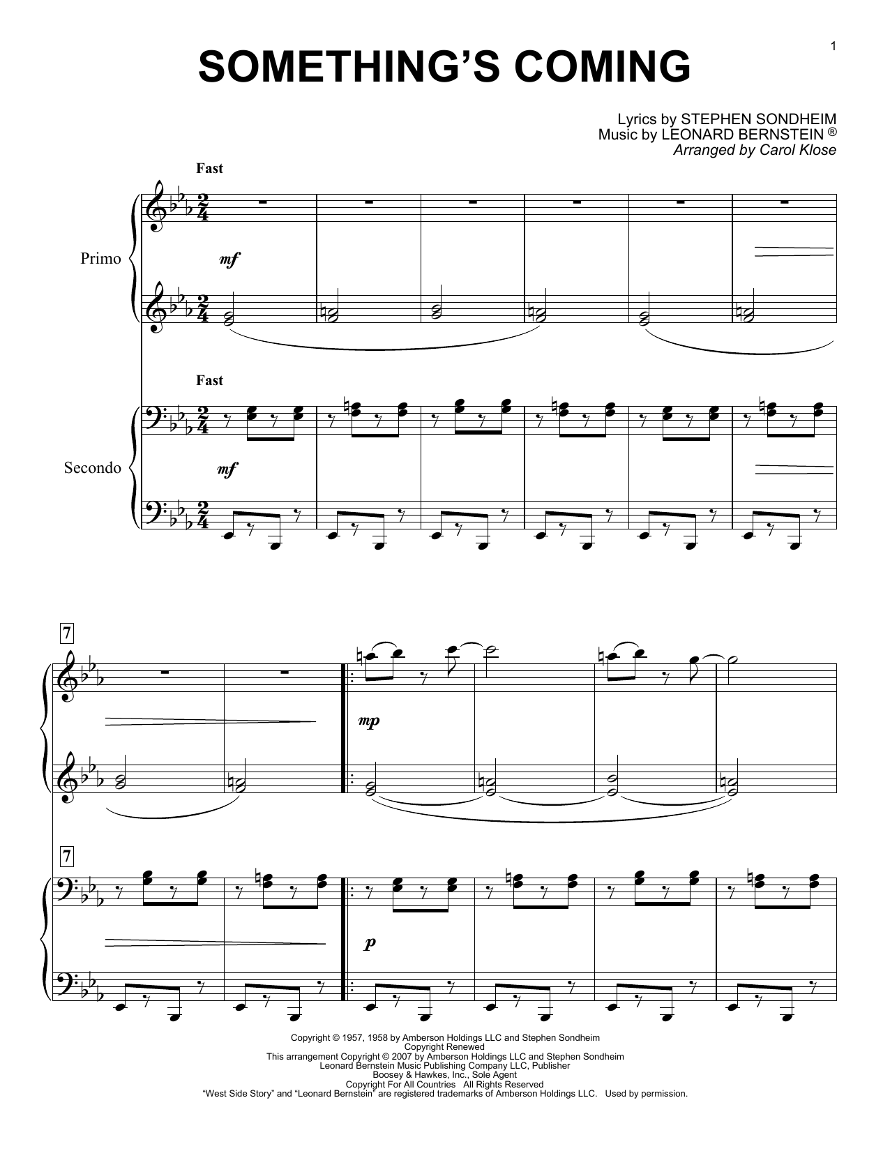 Download Stephen Sondheim & Leonard Bernstein Something's Coming (from West Side Story) (arr. Carol Klose) Sheet Music and learn how to play Easy Piano PDF digital score in minutes