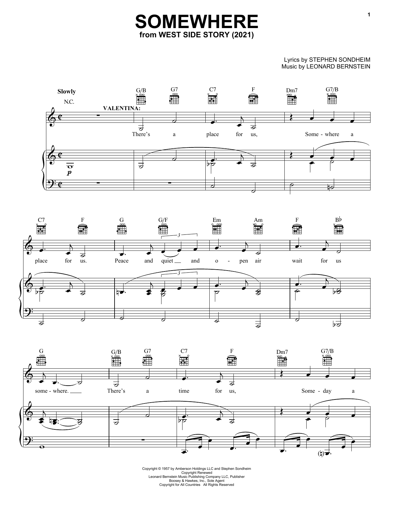Download Stephen Sondheim & Leonard Bernstein Somewhere (from West Side Story 2021) Sheet Music and learn how to play Piano, Vocal & Guitar Chords (Right-Hand Melody) PDF digital score in minutes
