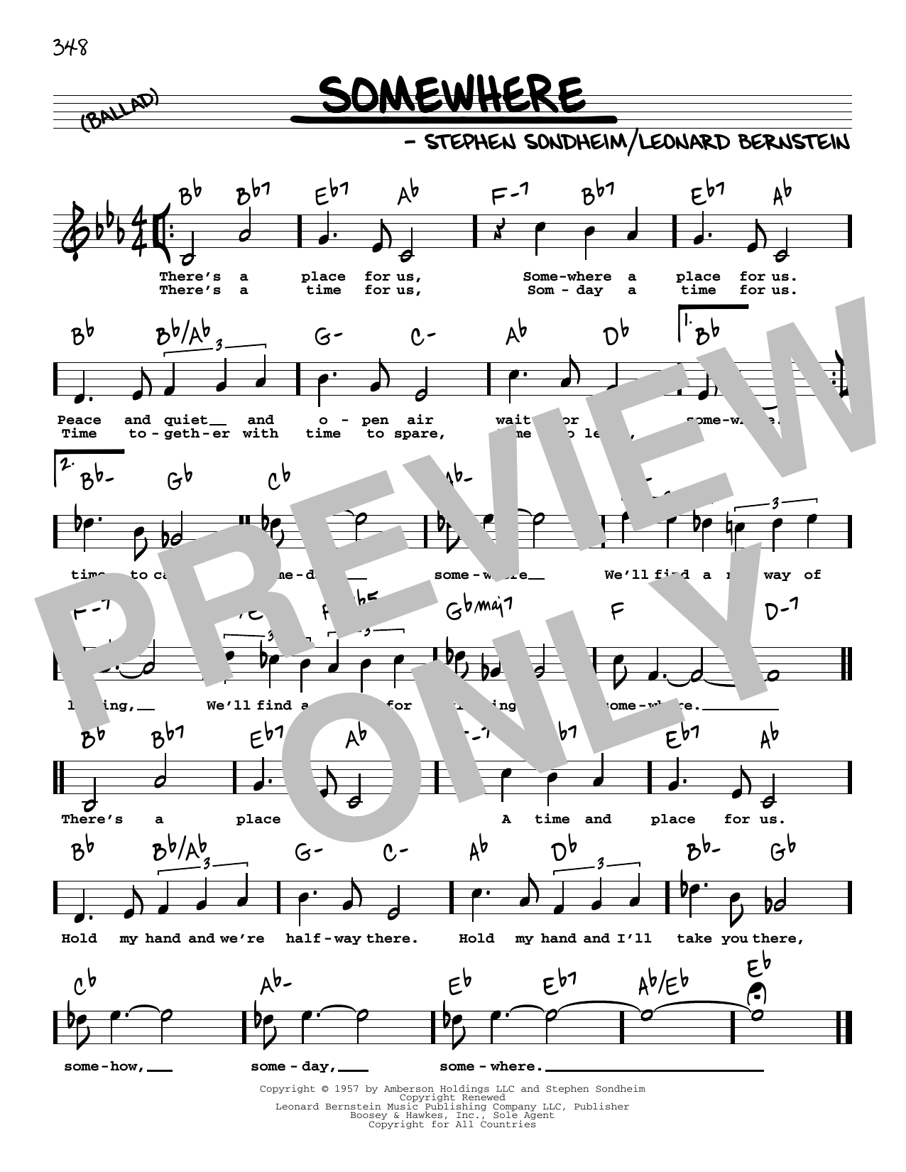Download Stephen Sondheim & Leonard Bernstein Somewhere (High Voice) (from West Side Story) Sheet Music and learn how to play Real Book – Melody, Lyrics & Chords PDF digital score in minutes