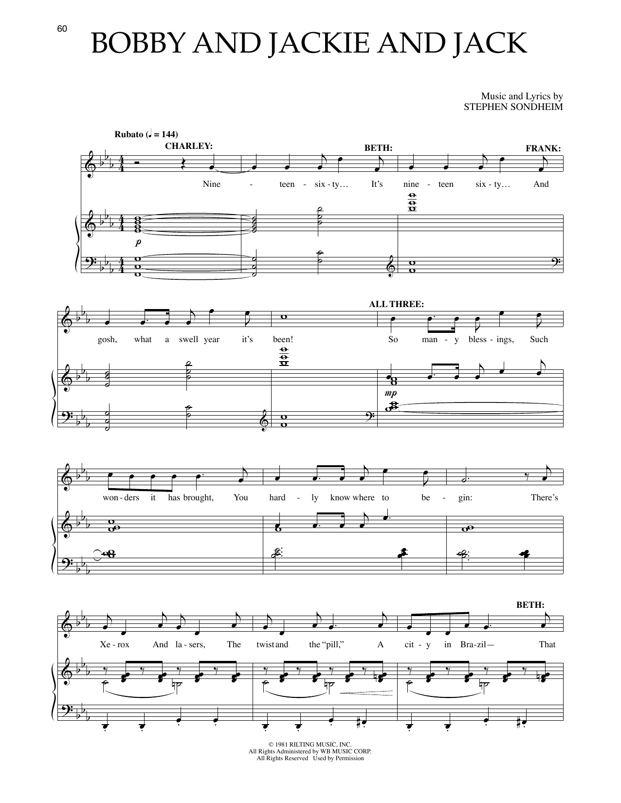 Download Stephen Sondheim Bobby And Jackie And Jack (from Merrily We Roll Along) Sheet Music and learn how to play Piano & Vocal PDF digital score in minutes