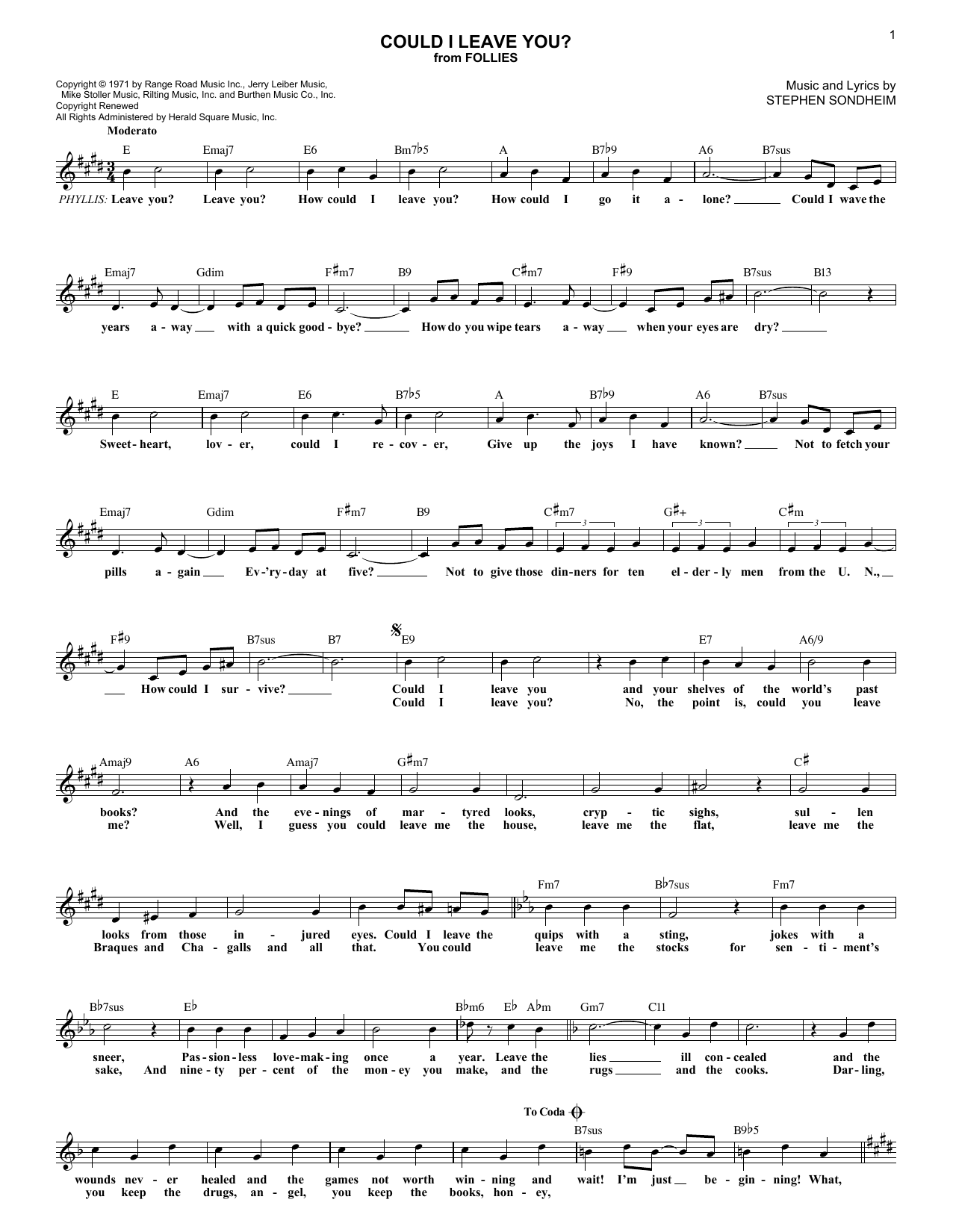 Download Stephen Sondheim Could I Leave You? Sheet Music and learn how to play Melody Line, Lyrics & Chords PDF digital score in minutes