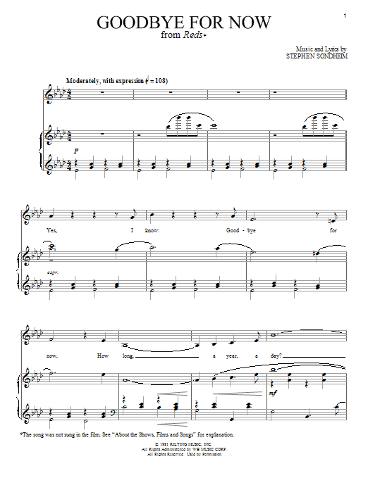 Download Stephen Sondheim Goodbye For Now Sheet Music and learn how to play Piano & Vocal PDF digital score in minutes