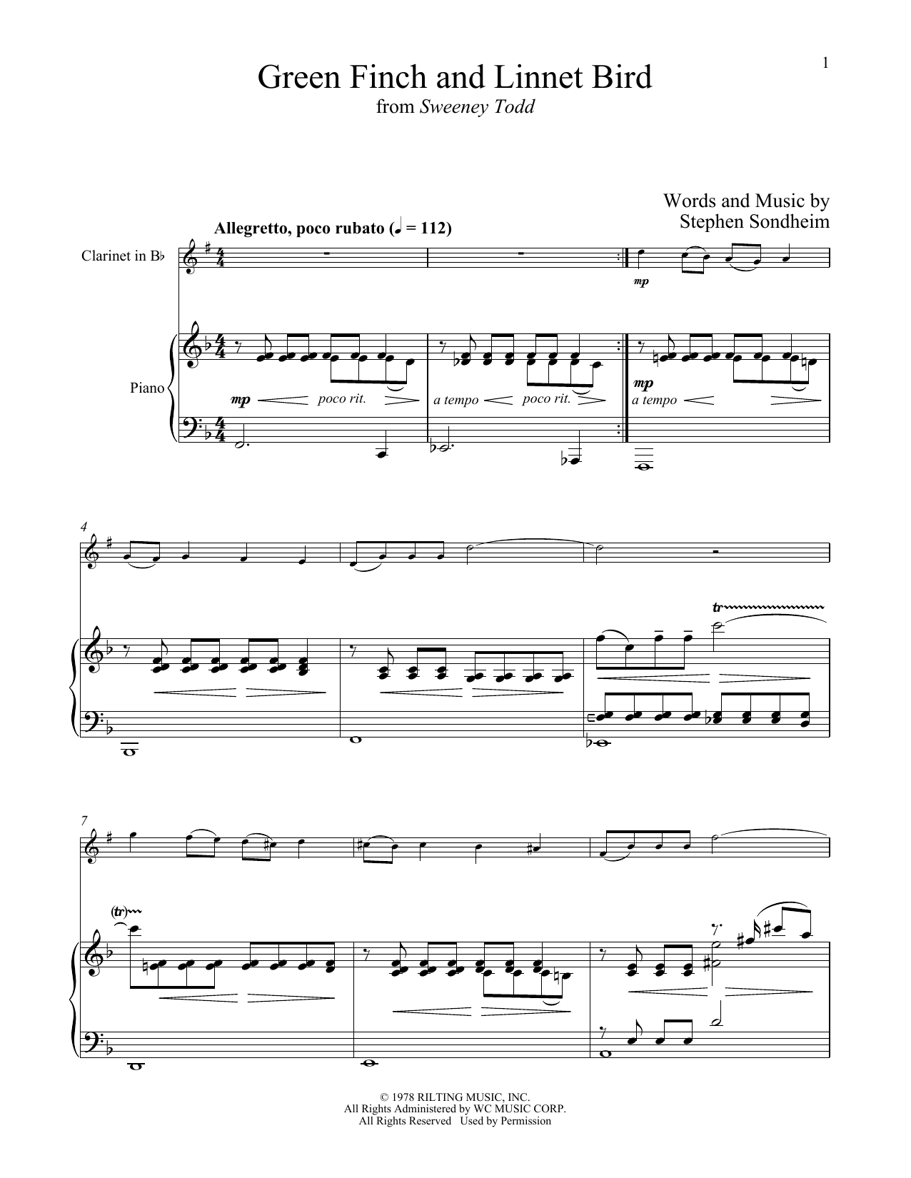 Download Stephen Sondheim Green Finch And Linnet Bird (from Sweeney Todd) Sheet Music and learn how to play Clarinet and Piano PDF digital score in minutes