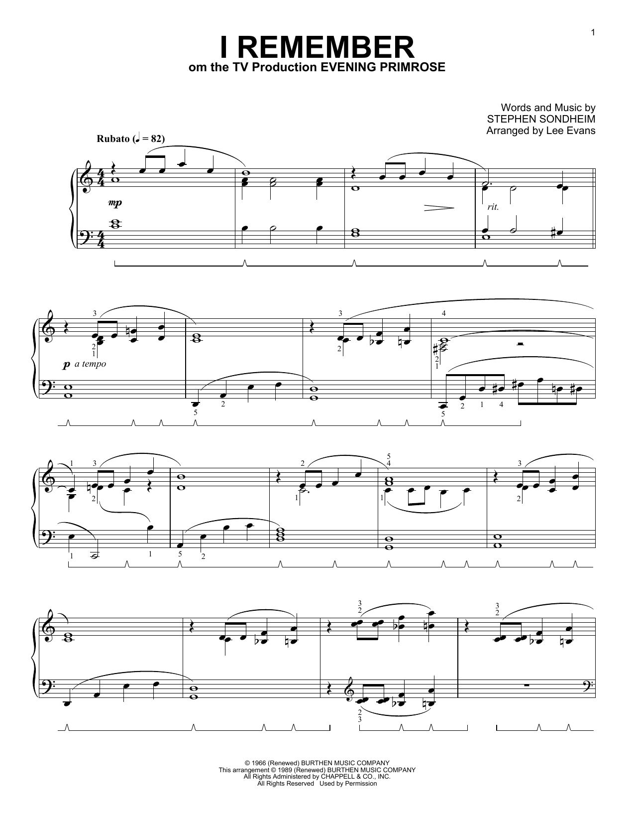 Download Stephen Sondheim I Remember (from Evening Primrose) (arr. Lee Evans) Sheet Music and learn how to play Piano Solo PDF digital score in minutes