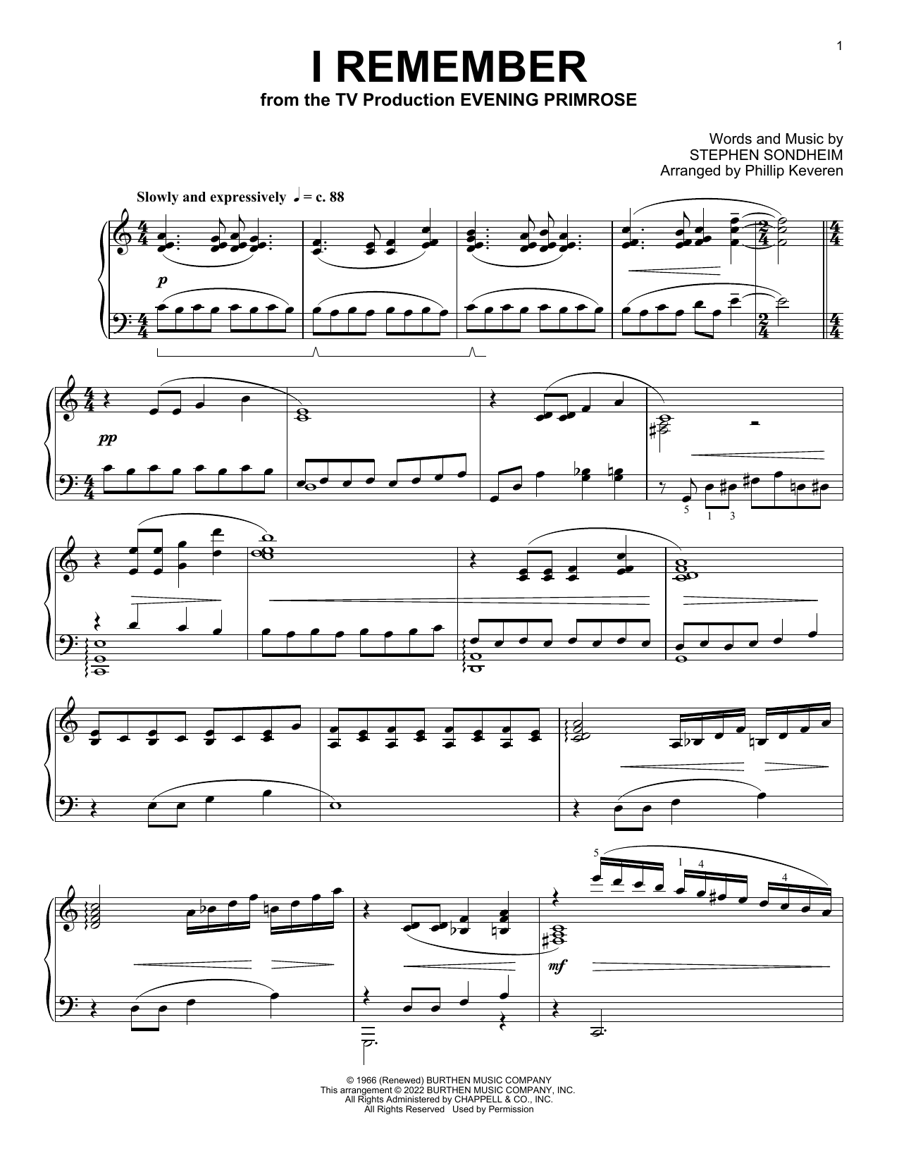 Download Stephen Sondheim I Remember (from Evening Primrose) (arr. Phillip Keveren) Sheet Music and learn how to play Piano Solo PDF digital score in minutes