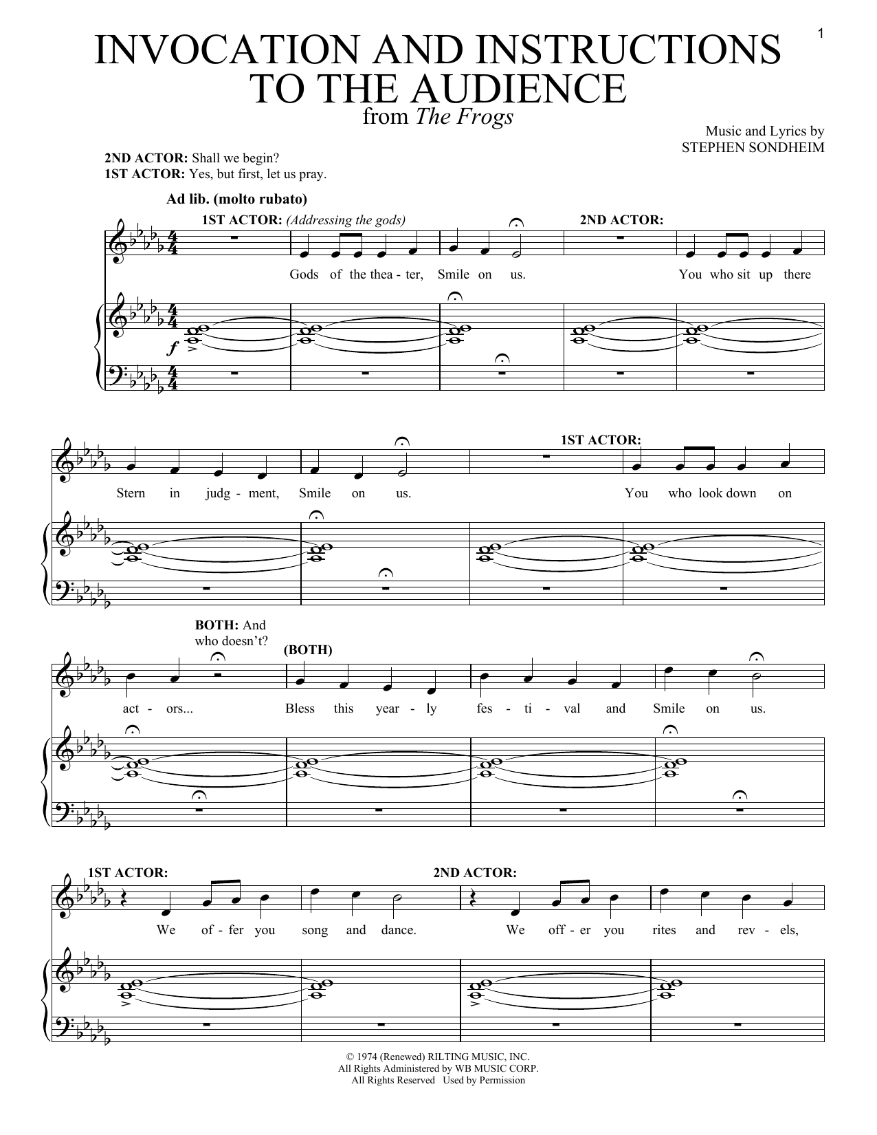 Download Stephen Sondheim Invocation And Instructions To The Audience Sheet Music and learn how to play Piano & Vocal PDF digital score in minutes