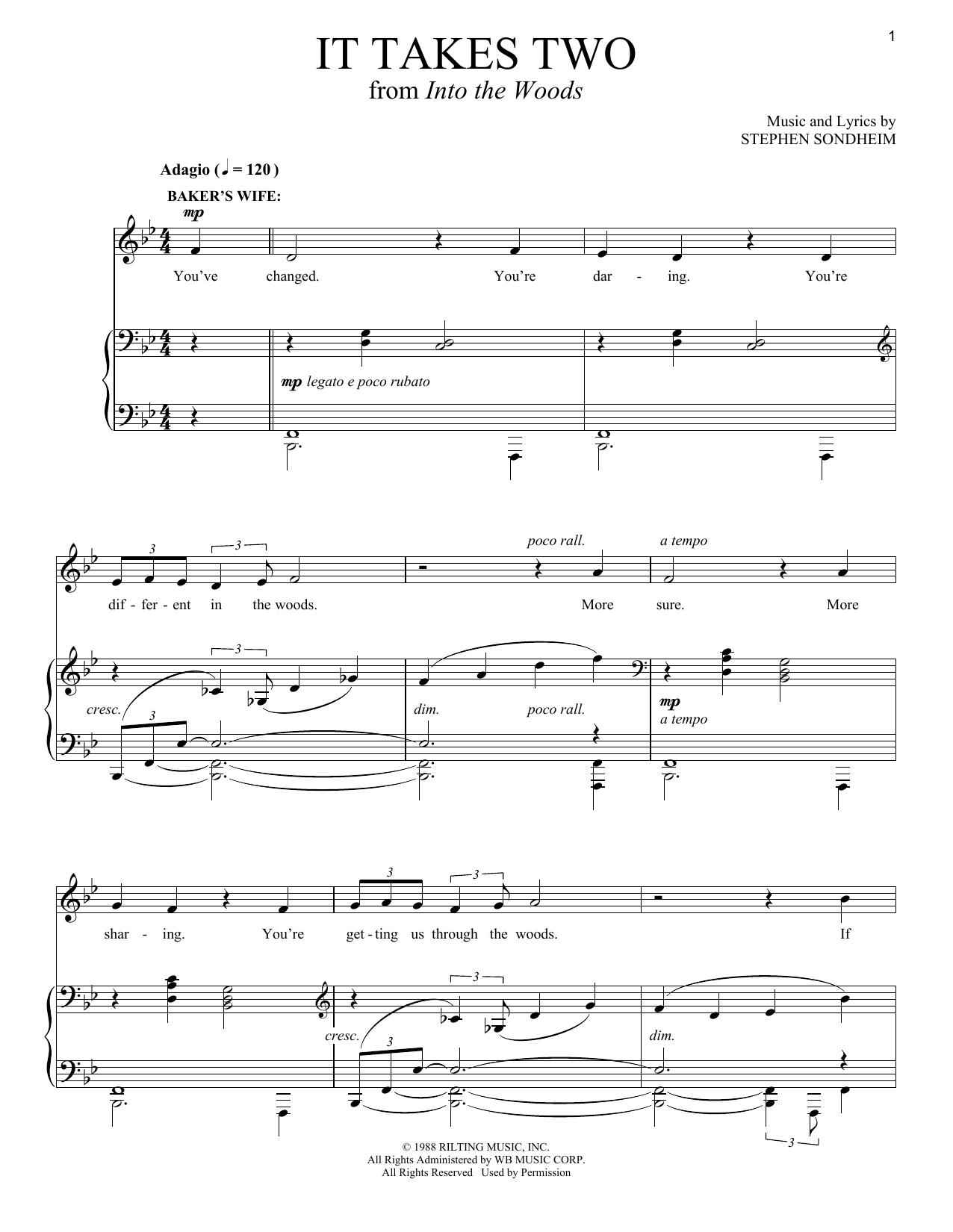 Download Stephen Sondheim It Takes Two (from 'Into The Woods') Sheet Music and learn how to play Piano, Vocal & Guitar (Right-Hand Melody) PDF digital score in minutes
