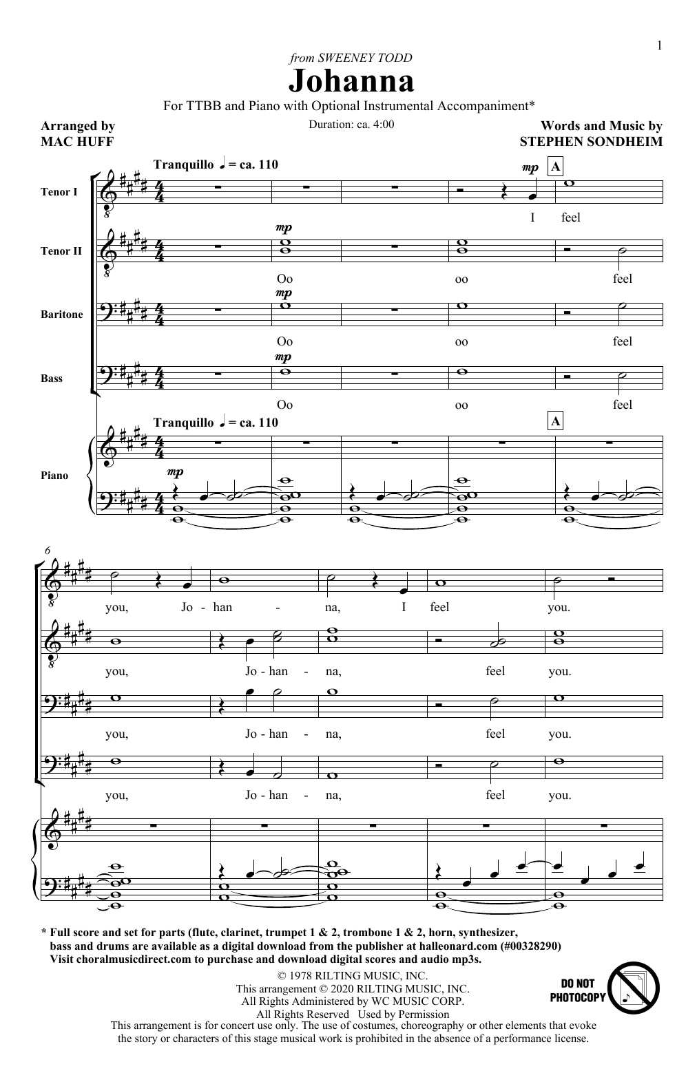 Download Stephen Sondheim Johanna (from Sweeney Todd) (arr. Mac Huff) Sheet Music and learn how to play TTBB Choir PDF digital score in minutes