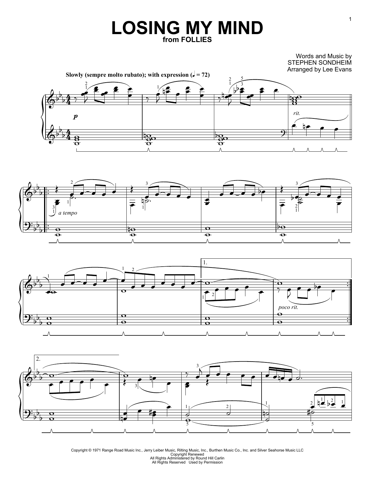 Download Stephen Sondheim Losing My Mind (from Follies) (arr. Lee Evans) Sheet Music and learn how to play Piano Solo PDF digital score in minutes