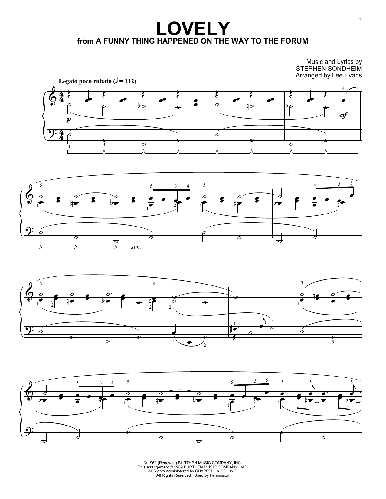 Download Stephen Sondheim Lovely (from A Funny Thing Happened On The Way To The Forum) (arr. Lee Evans) Sheet Music and learn how to play Piano Solo PDF digital score in minutes