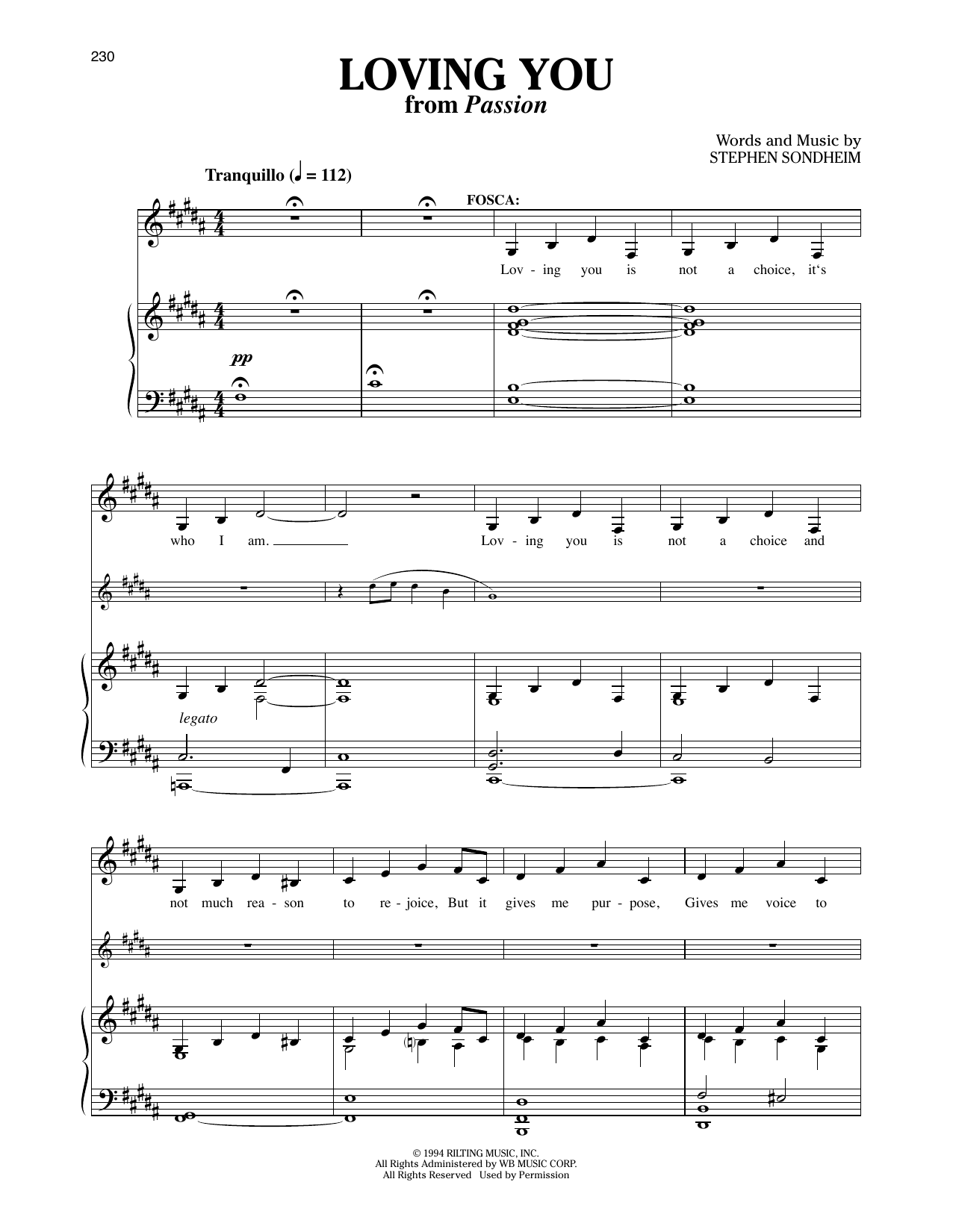 Download Stephen Sondheim Loving You (from Passion) Sheet Music and learn how to play Piano & Vocal PDF digital score in minutes