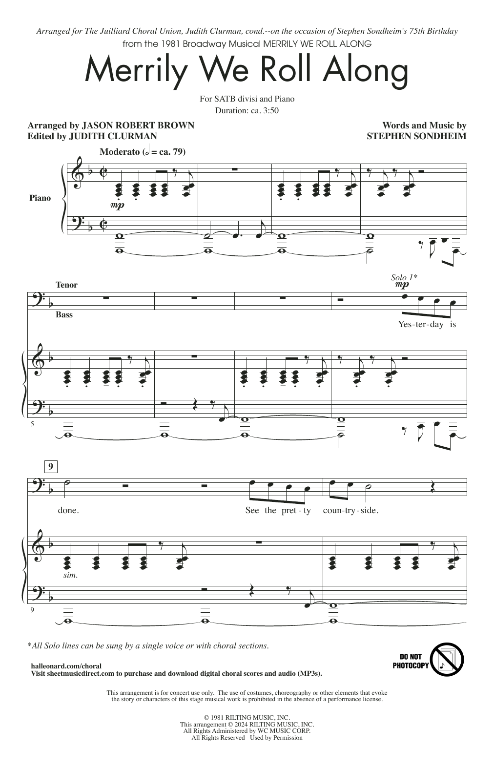 Download Stephen Sondheim Merrily We Roll Along (from Merrily We Roll Along) (arr. Jason Robert Brown) Sheet Music and learn how to play Choir PDF digital score in minutes