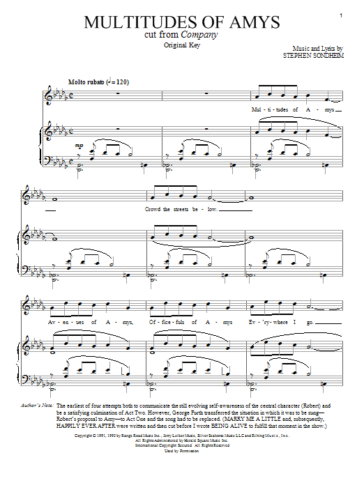 Download Stephen Sondheim Multitudes Of Amys Sheet Music and learn how to play Piano & Vocal PDF digital score in minutes