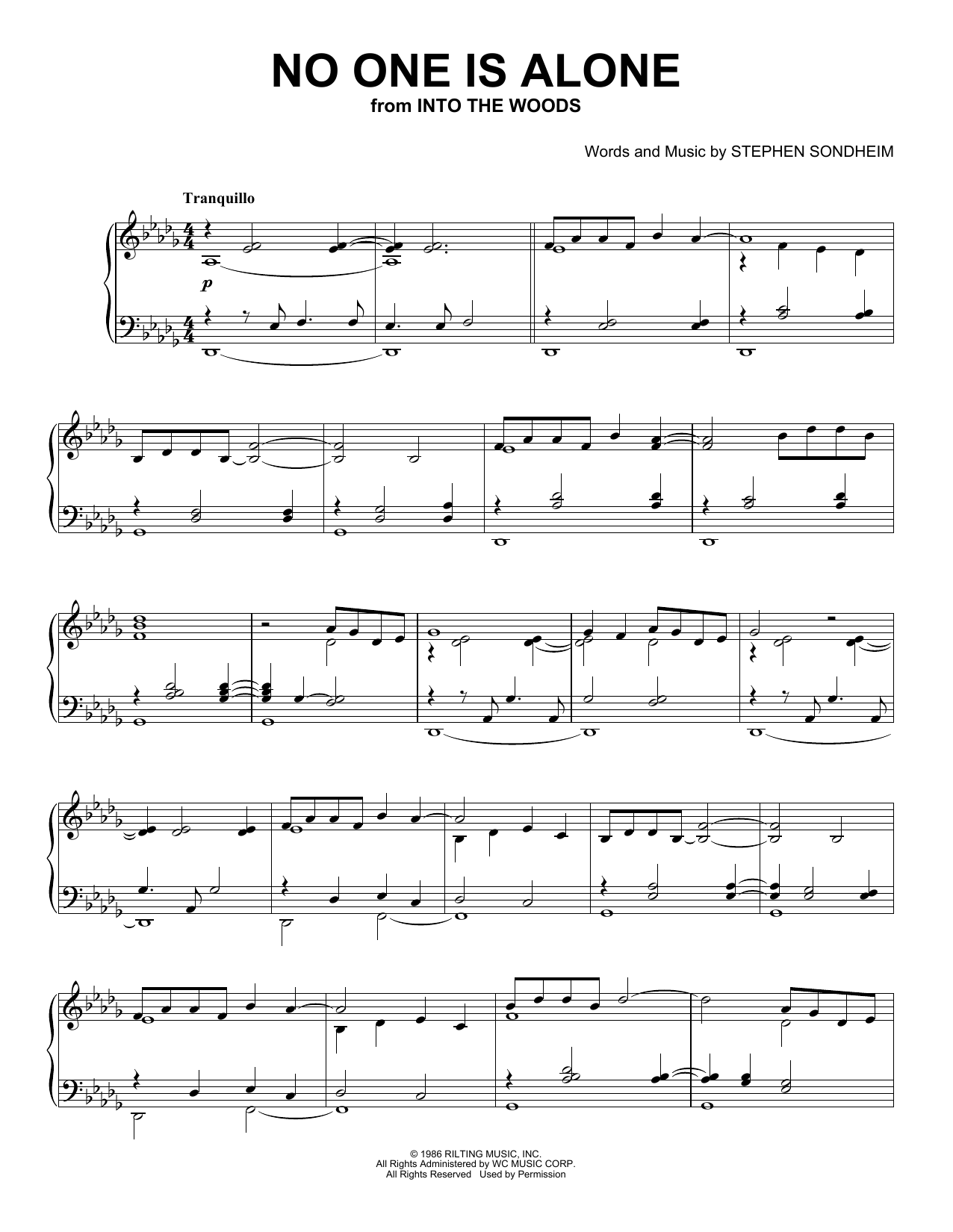 Download Stephen Sondheim No One Is Alone - Part I (from Into The Woods) (Peaceful Piano Solo) Sheet Music and learn how to play Piano Solo PDF digital score in minutes