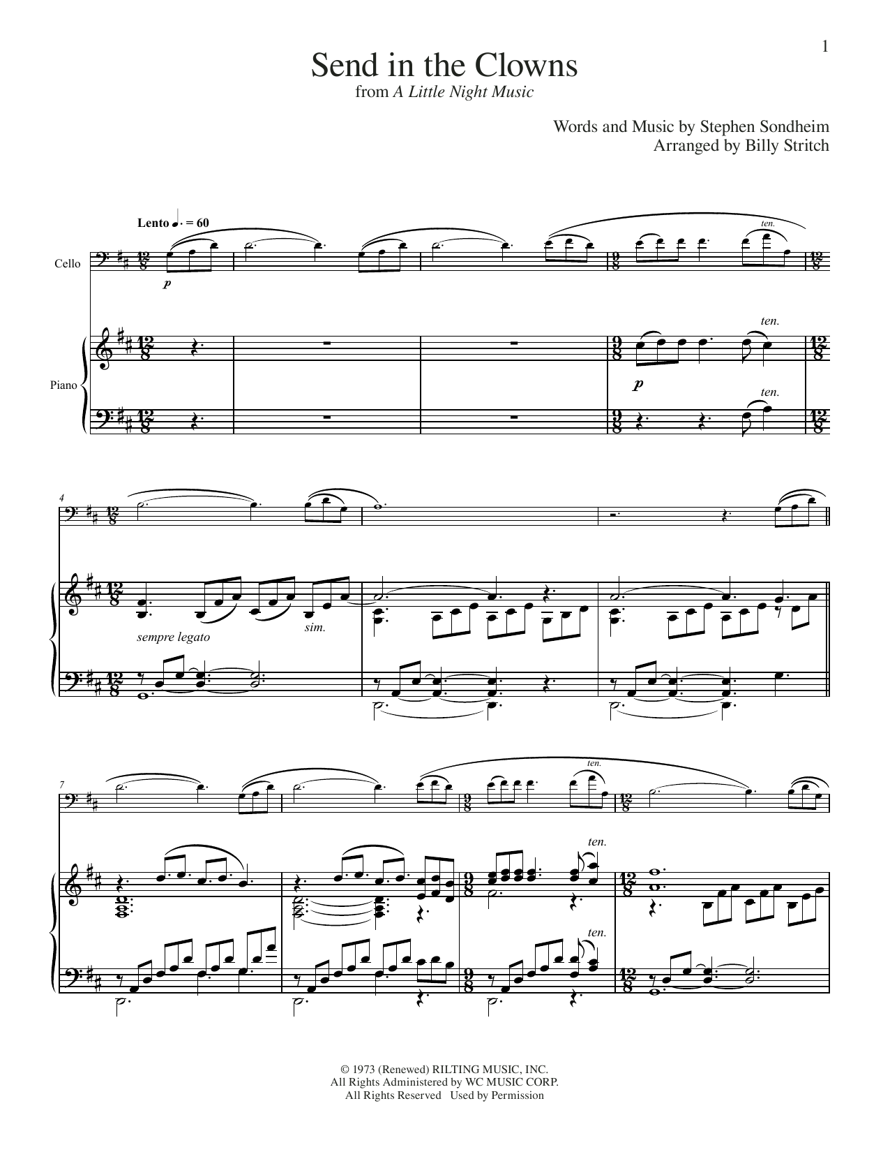 Download Stephen Sondheim Send In The Clowns (from A Little Night Music) (arr. Billy Stritch) Sheet Music and learn how to play Cello and Piano PDF digital score in minutes