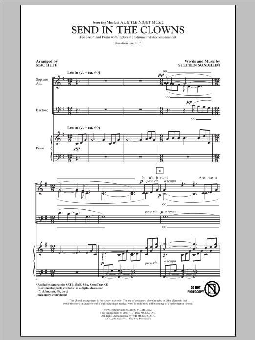 Download Stephen Sondheim Send In The Clowns (arr. Mac Huff) Sheet Music and learn how to play SAB PDF digital score in minutes