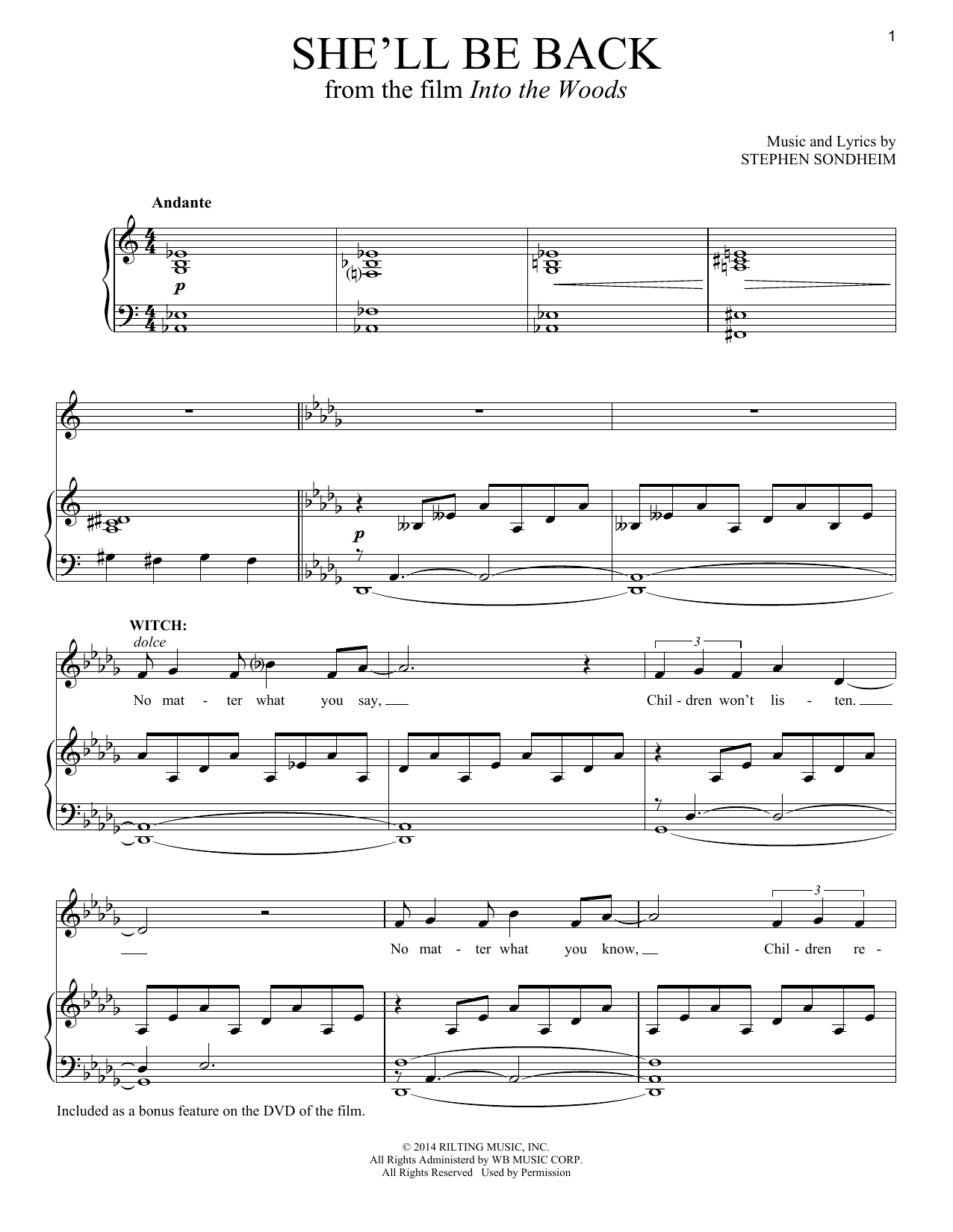 Download Stephen Sondheim She'll Be Back (from 'Into The Woods') Sheet Music and learn how to play Piano & Vocal PDF digital score in minutes