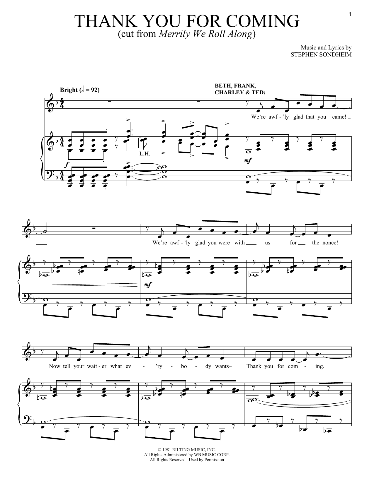 Download Stephen Sondheim Thank You For Coming Sheet Music and learn how to play Piano & Vocal PDF digital score in minutes